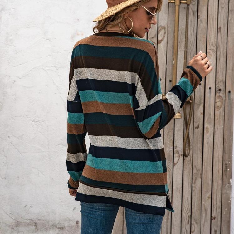 Oversize Women Loose Stripe Sweatshirt Sweater Round Neck Tshirt