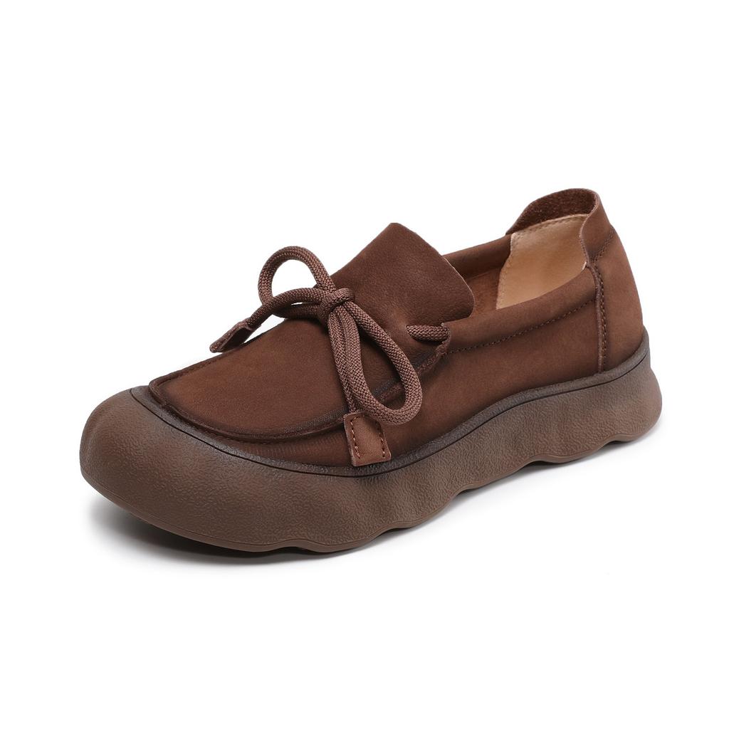 Die erste Schicht Rindsleder Retro Schnürschuhe Damen Herbst Neu Runde Spitze Weiche Sohle Weiches Leder Einzelne Schuhe