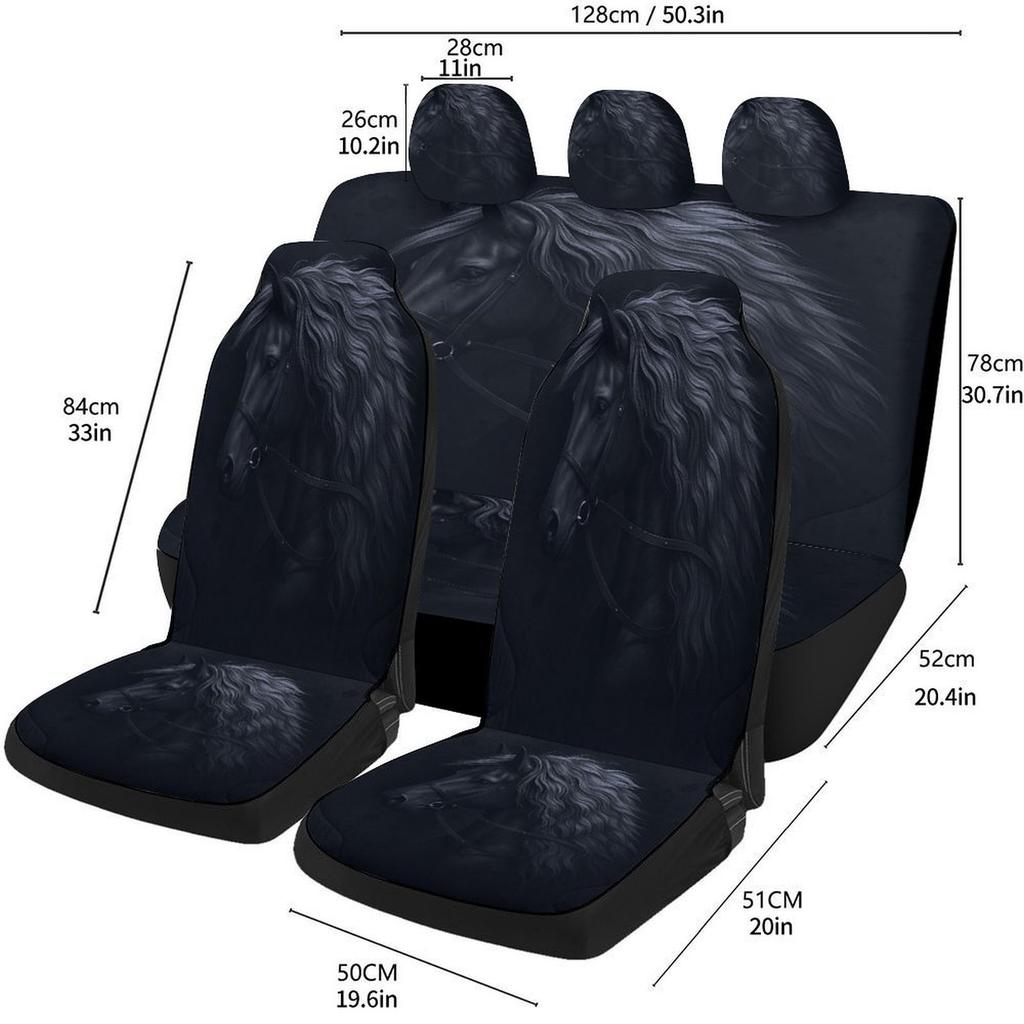 Black Horse Portrait Designed Car Seat Cover Set For Most Cars, High-quality Comfortable Car Seat Protector Covers Full Set, Uni