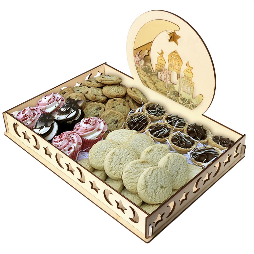 Rustic Wooden Eid Mubarak Party Serving Tray Ramadan Food Tableware Display Desk Organizer Wood Decoration