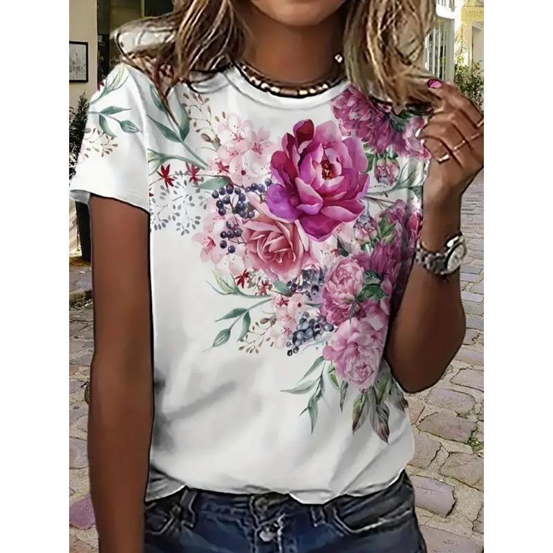 Summer Round Neck Women's T-shirt Fashionable 3D Flower Print Short Sleeved Casual Top Y Street Women's Clothing