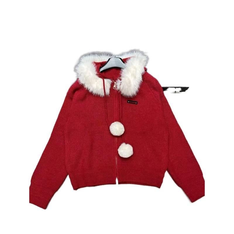 Miu Style 2025 Autumn/Winter Pom-Pom Hooded Zipper Knit Cardigan - Loose, Versatile Outerwear