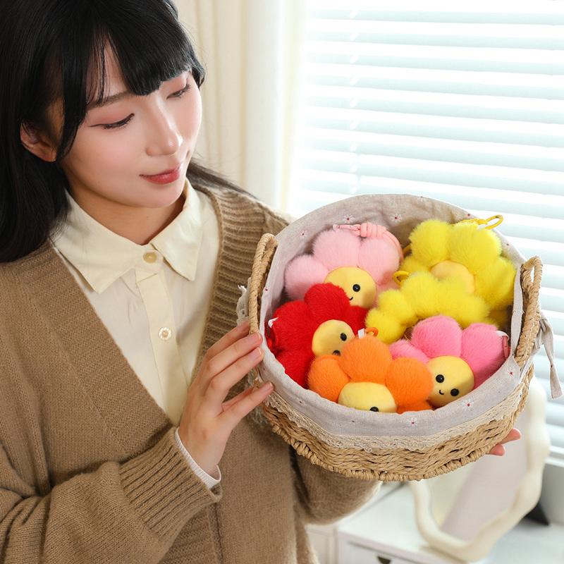 12CM 9pcs Kawaii Smile Sunflower Plush Pendant Toys Colorful Flower Stuffed Plant Doll Bag Keychain Decoration Small Gifts
