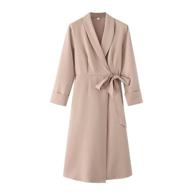 Damenkleider Frühling und Herbst Pendler-Stil Bindegürtel Khaki Anzugkleid