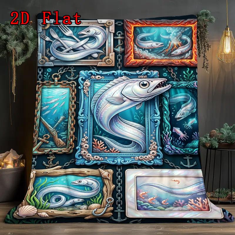 Marine Life 2D Flat Pattern Flannel Blanket, High quality All Seasons, Home Decor, Warmth and Comfort, Perfect for Christmas Gifts.
