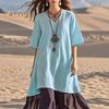 Women's Boho Patchwork Loose Dress Casual V-Neck Short Sleeve Swing Dress Summer Beach Vacation Sundress