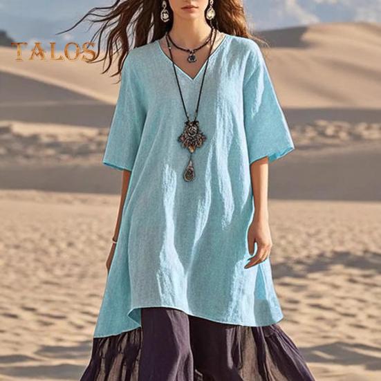 Women's Boho Patchwork Loose Dress Casual V-Neck Short Sleeve Swing Dress Summer Beach Vacation Sundress