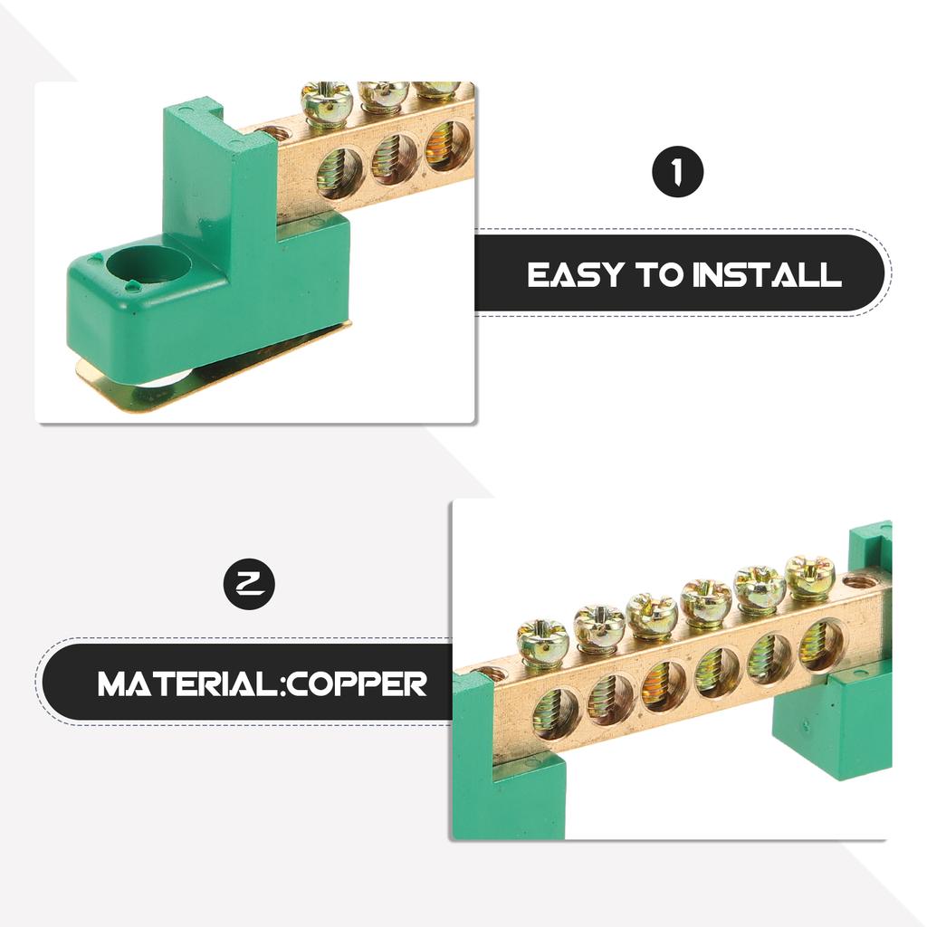 2 Stück Anschlussklemme Erdungsschiene Stange Elektrische Erdungsschienen Verteilerkasten Kupfer-Kit Anschlussklemme 6 Positionen Sammelschiene für Panel