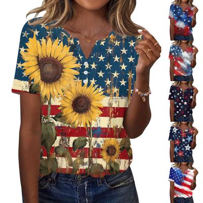 Women's T Shirt Independence Day Print Button Short Sleeve Daily Weekend Fashion Basic V- Neck Regular Top