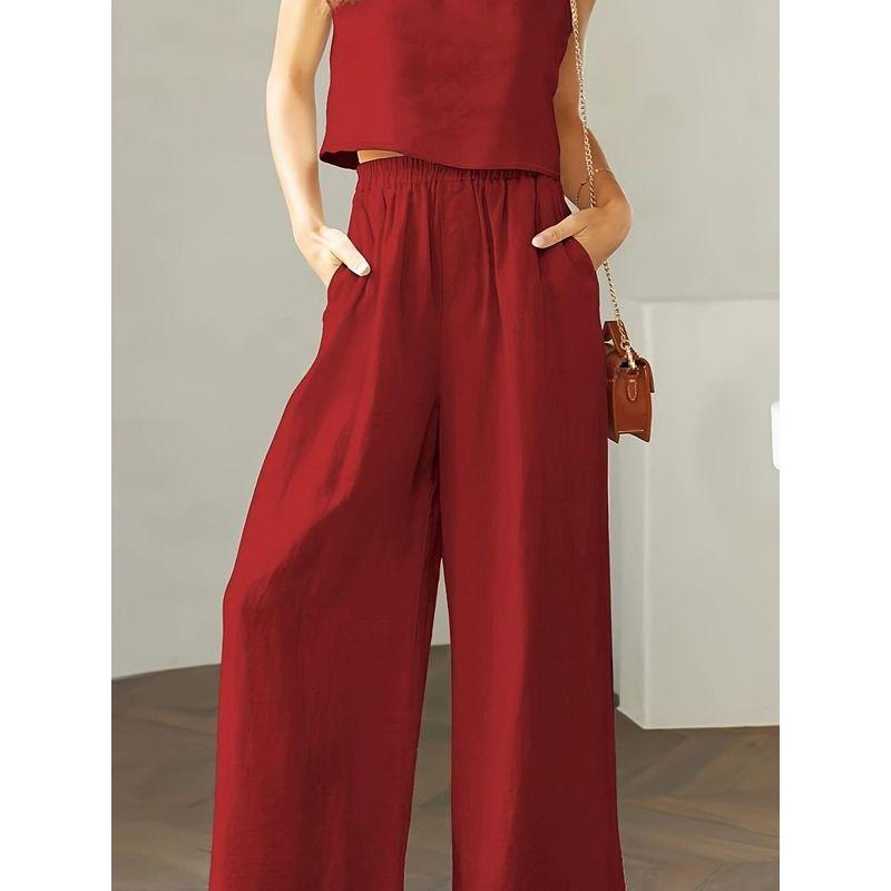 A Halter Top and Wide-Leg Pants Set Square Collar Cami Wide Leg Pants Two-piece Set