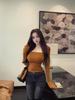 Pure Desire Pink Square Neck Long Sleeve T-Shirt for Women, Winter, Built-in Bra, Ruffled, Slimming Base Layer Top