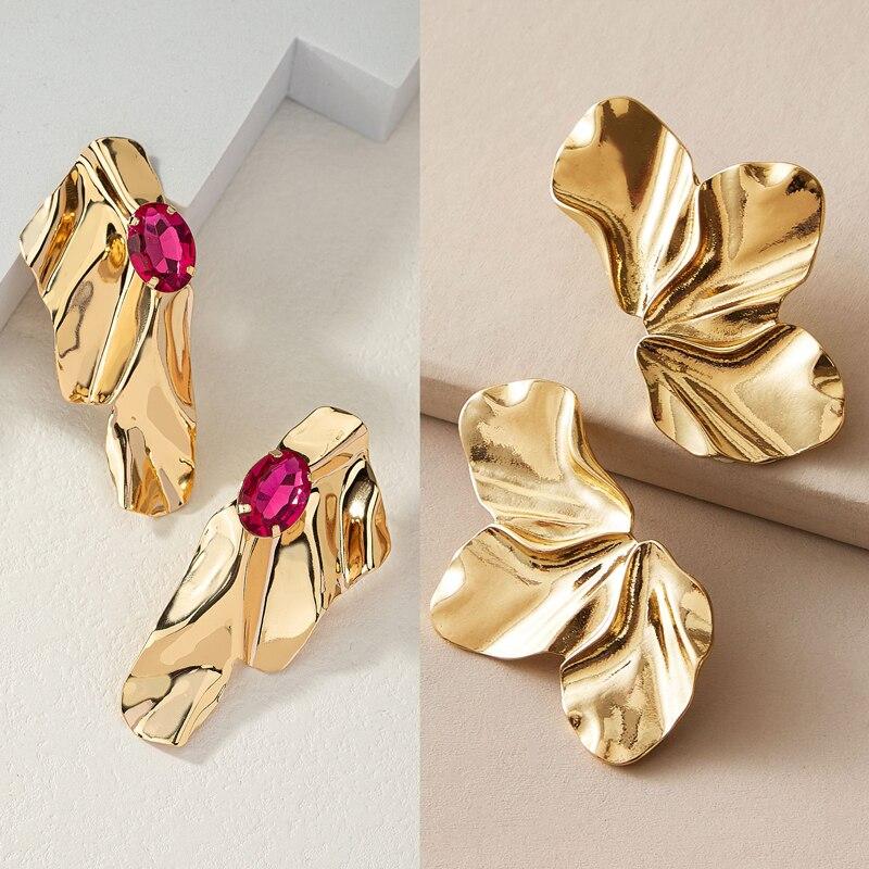 

2 Pcs Geometric Fuchsia Stone Earrings Set Warm Gold Color Flower Shape Women Earring Stud Set Party Beach Jewelry For Girls