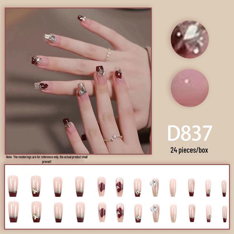 Elegant Wine Red Detachable Long Nail Stickers with Heart Diamond Accents