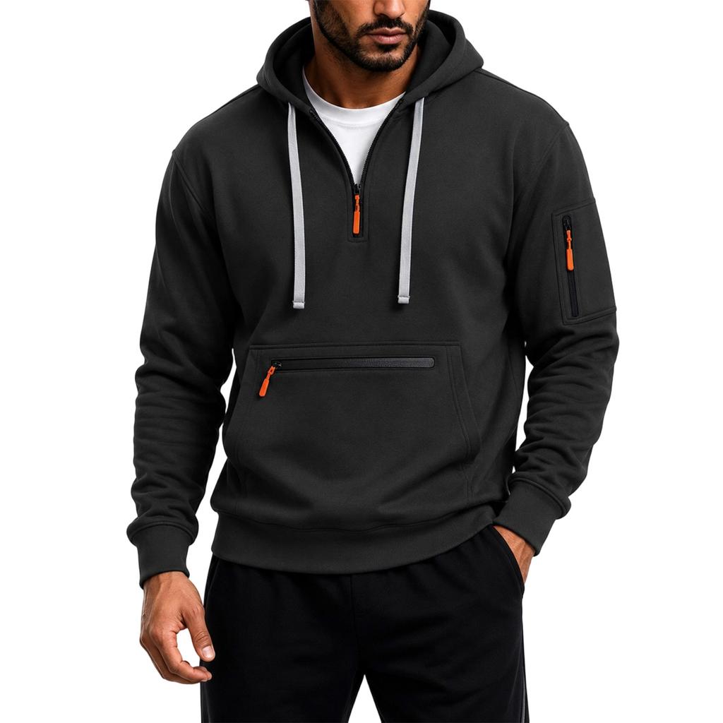 Men's Color Athletic Pullover Hoodie with Zip Arm Pockets, Casual Sweatshirt for Fall Winter