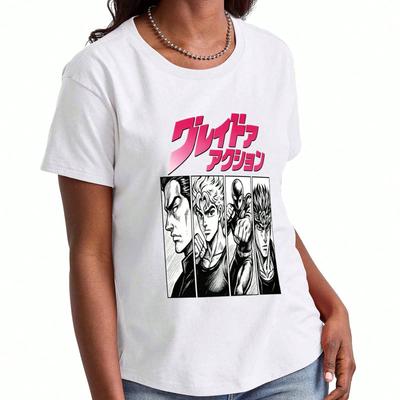Anime Manga Character Ladies Cotton T Shirt, Premium Cotton Graphic Print, Durable, Casual Fashion, Japanese Text Manga Art, Streetwear Inspired Appar