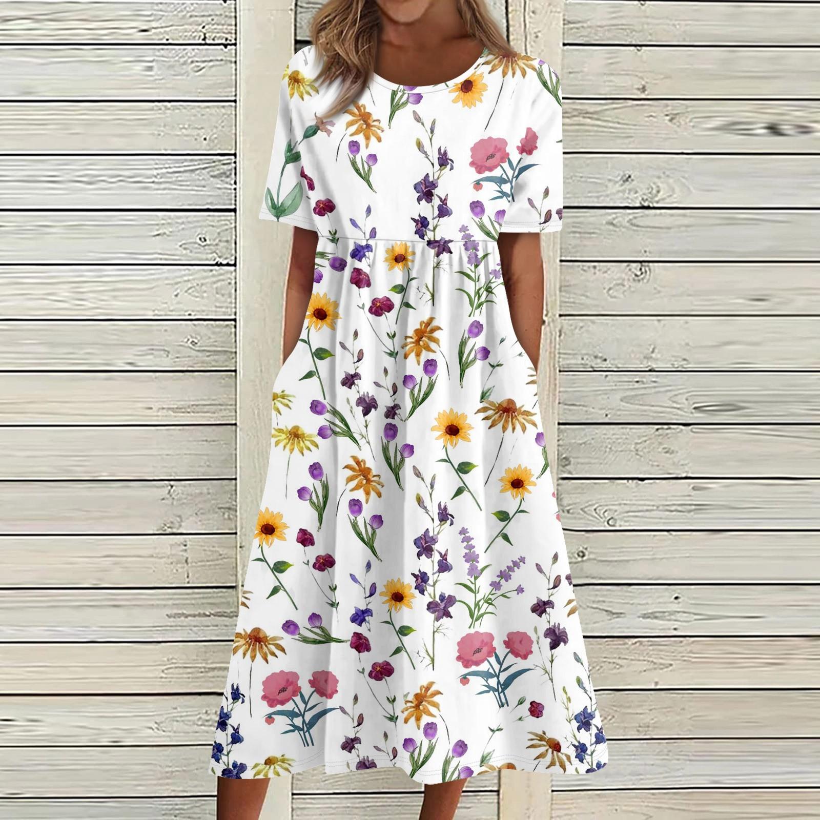 

Летнее платье для женщин, повседневное пляжное свободное платье с короткими рукавами и принтом XL жёлтый