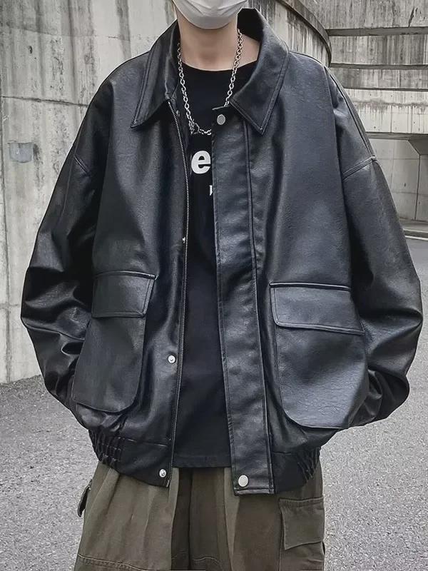 Men's Trendy Hong Kong Style Leather Motorcycle Jacket - Loose Fit, Handsome Workwear Parka