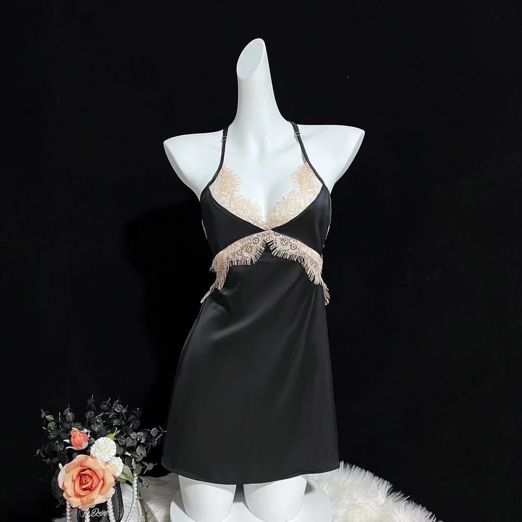 Sexy Lace Splicing Suspender Chest Pad Nightdress Summer Women's Ice Silk Pajamas Pure Desire Princess Versatile Loungewear