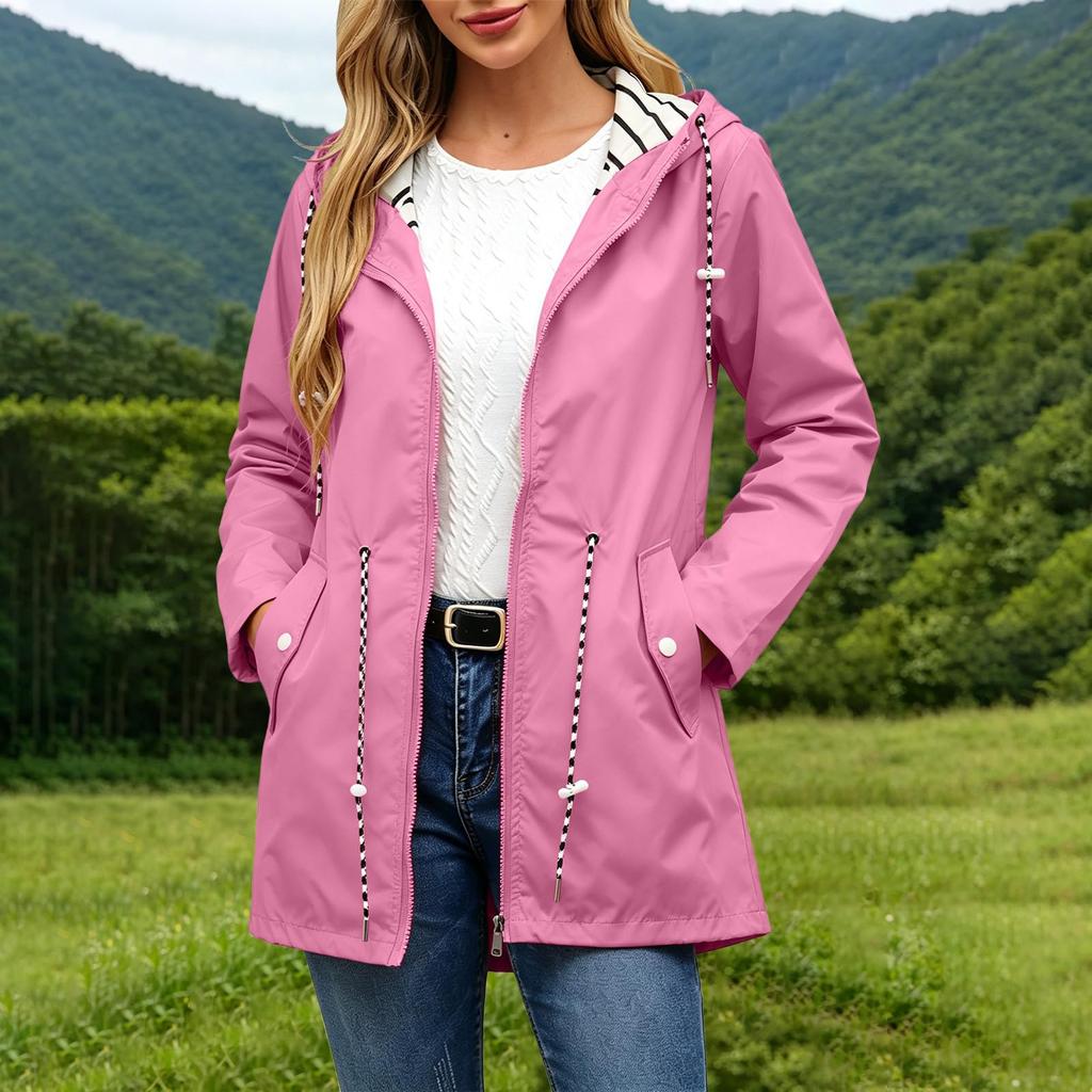 Women's Casual Hooded Trench Coat with Striped and Pockets