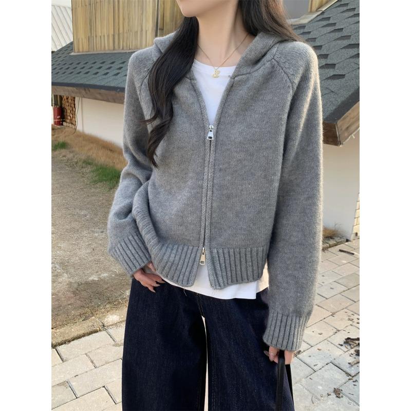 Double zipper hooded knitted cardigan women's autumn and winter exterior design lazy gentle wind sweater jacket