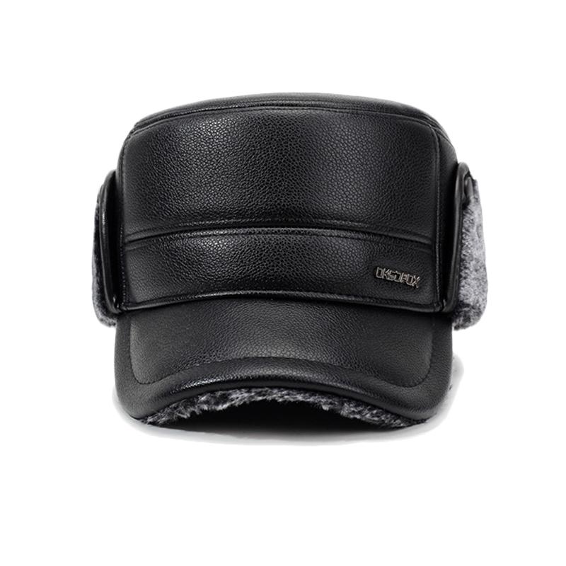 Men's PU Flat Top Hat Winter Warm Ear Protection Hat for Middle-Aged and Elderly Cotton Hat Thick Cold-Proof Cap