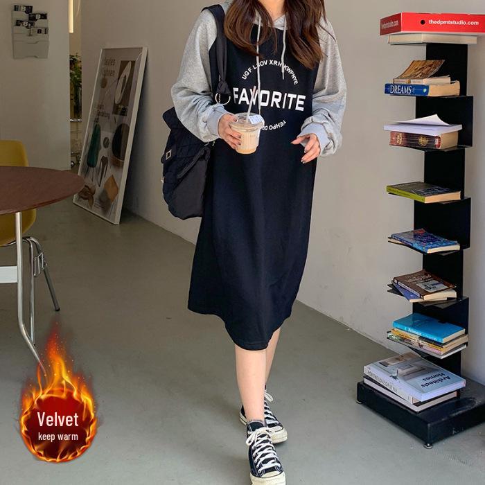 2023 Autumn/Winter Women's Plus Size Velvet Hooded Sweatshirt Dress - Loose, Lazy Style, Over-the-Knee Skirt, Slimming Fit