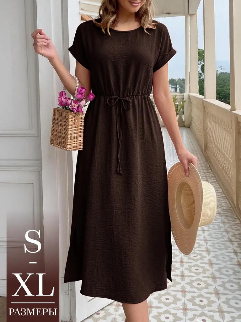 women's crinkle textured round neck drawstring waist short sleeve side split midi sundress summer casual beach dress