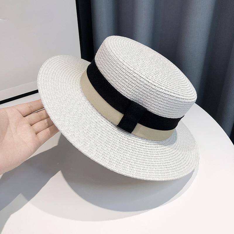 Braided Flat Top Straw Hat - UV Protection, Summer Vacation Style with Letter Logo for Men and Women