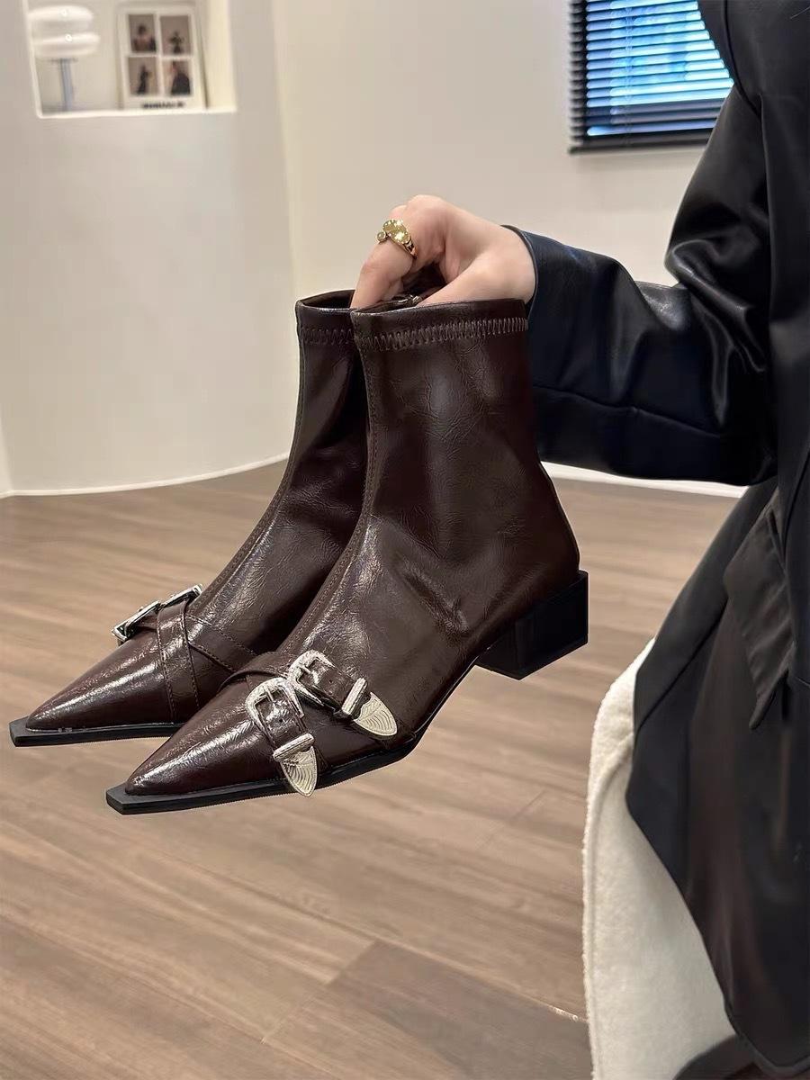 

Super Royal! Fried Street Small Short Boots Women s 2025 New Skirt Black Pointed Heel Belt Buckle Patent Leather Skinny Boots 40 коричневый