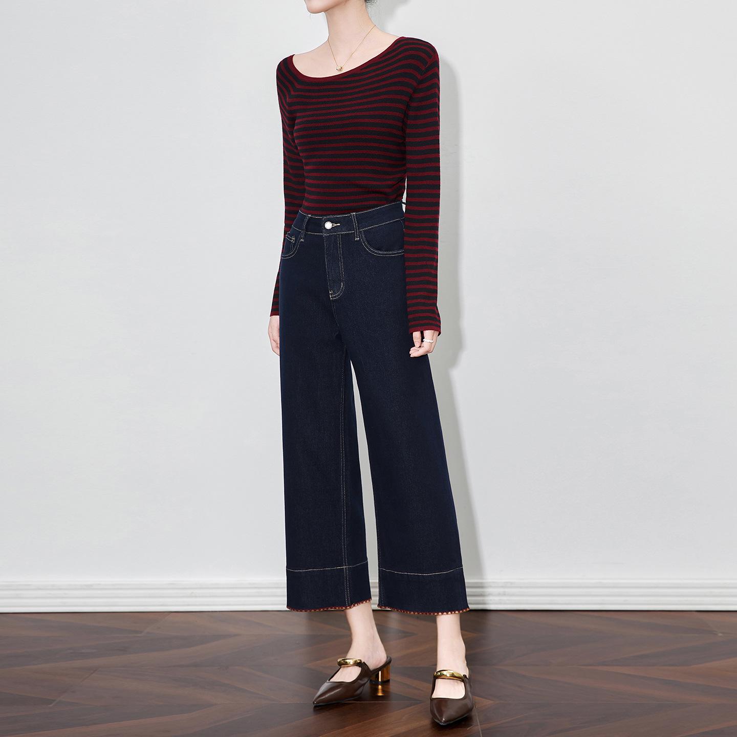 Nanyou Light Luxury Jeans: Cropped Straight Wide-Leg with Contrast Embroidered Hem for Autumn/Winter. 30