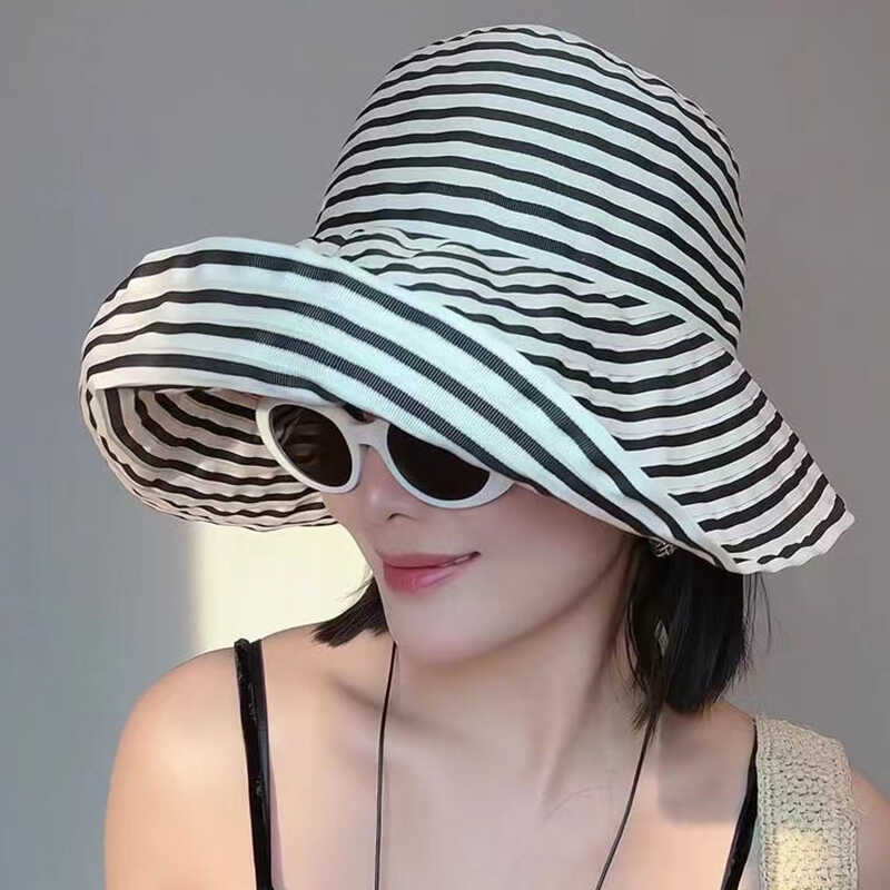 French retro striped sun hat women's summer big edge seaside travel UV protection folding sun hat basin hat
