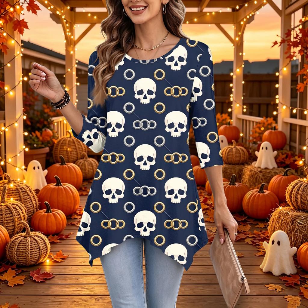Women's Casual Halloween Print Top, Loose Fit Three-Quarter Sleeve
