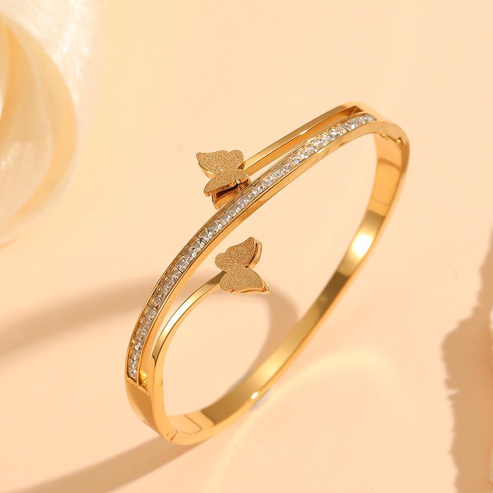 Titanium Steel Gold Butterfly Bracelet: Versatile, Light Luxury Double-Layer with Diamonds for Women.