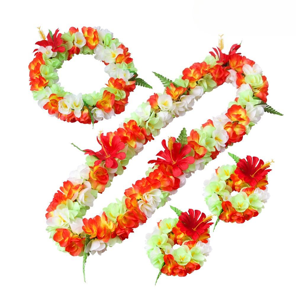 Luau Flower Leis 4 Piece Set – Artificial Silk Flower Necklaces & Headband – Tropical Beach Party Favors & Photo Booth Props Set