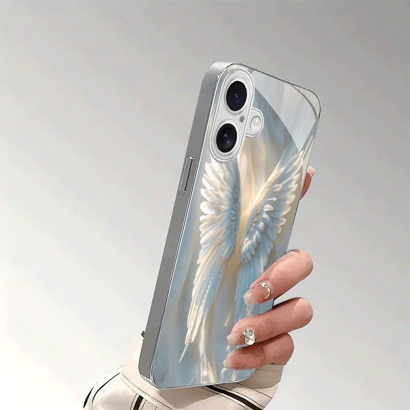 White gauze angel wing silver tempered glass phone case suitable for iPhone 17 16 15 14 13 12 11 Pro/Max/Plus scratch resistant