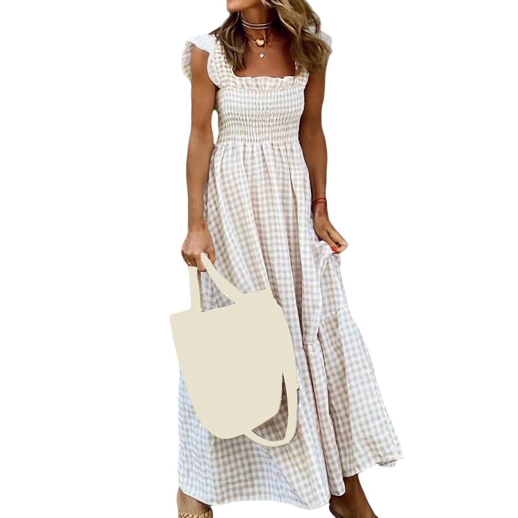 Women’s Gingham Print Smocked Waist Maxi Dress Sleeveless Ruffle Shoulder Square Neck Casual Long Dress