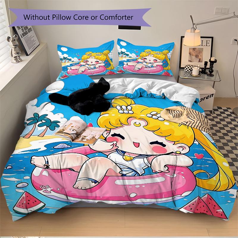 3pcs Happy Sailor Moon Printed Bedding Set, Soft and Comfortable Quilt Cover for Bedroom, Guest Room (1 Duvet Cover + 2 Pillowcases, Pillow