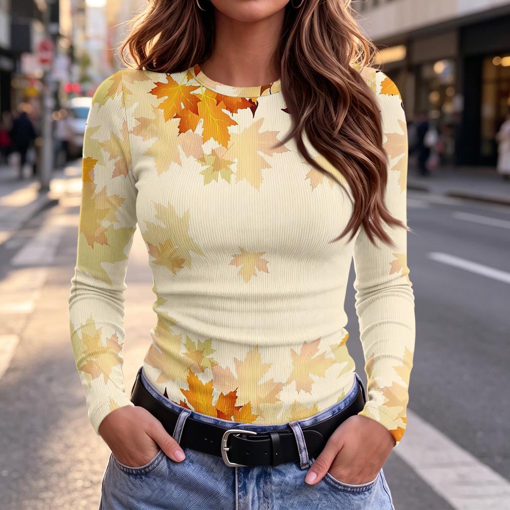 Women's Slim Fit Long Sleeve T-Shirt with Maple Leaf Print Crewneck Casual Top for Fall and Winter