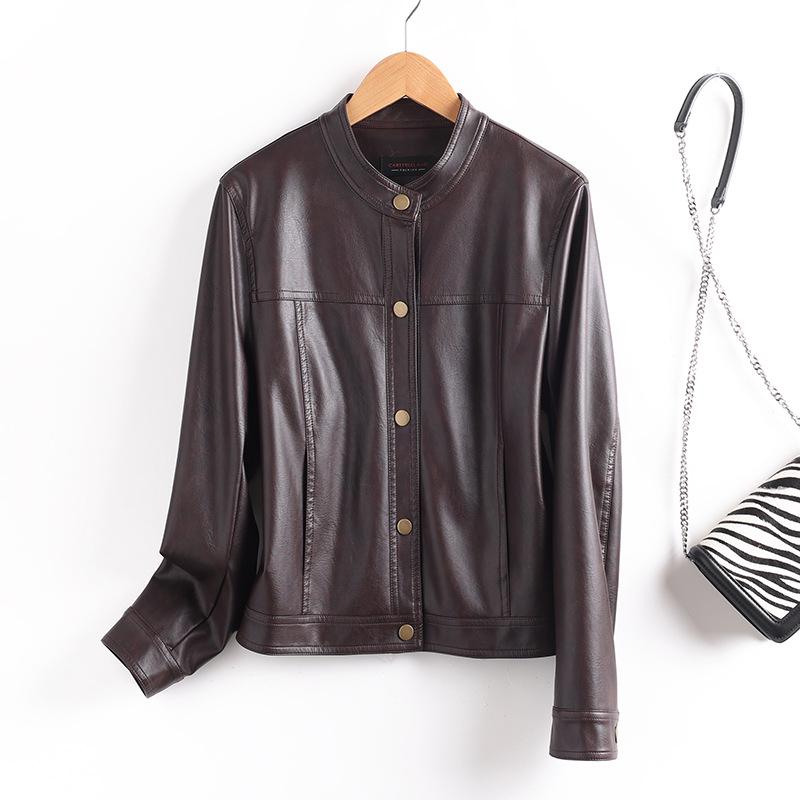 Women s Round Neck PU Leather Jacket - Spring/Autumn 2025 Collection M