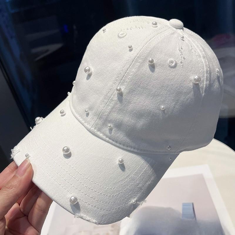 Cotton Baseball Cap With Pearl Embellishments For Summer Sun Protection White