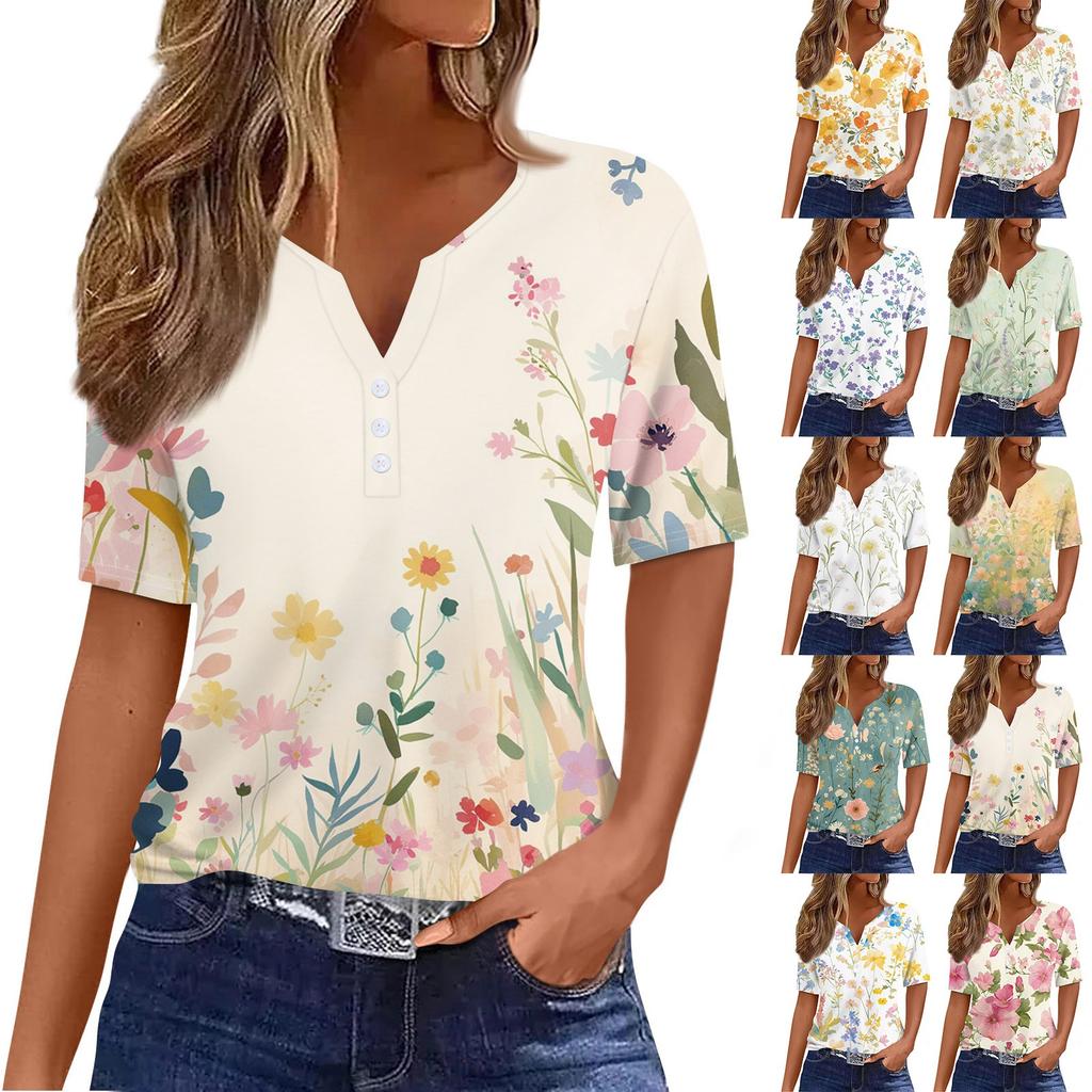 Women's T Shirt Print Button Short Sleeve Daily Weekend Fashion Basic V-Neck Regular Top