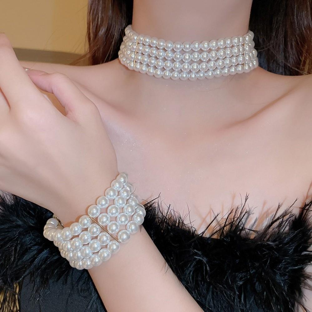 Ornaments Pearl Four Layer Necklace Fashion Jewelry Wide Cuff Bangles Versatile Bracelets Set Gift