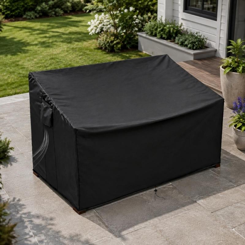 600D Fabric Patio Loveseat Cover with Rain and Debris Barrier, Bottom Cord Closure, 2 Side Fasteners, and Storage Pocket