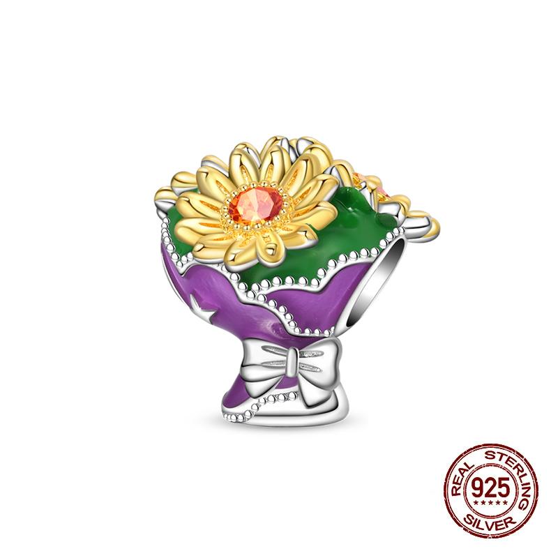 New Copper Charms Beads Pendant Pink Bouquet Love Wedding Proposal Charm For Women Bracelet Engagement Jewelry Gift