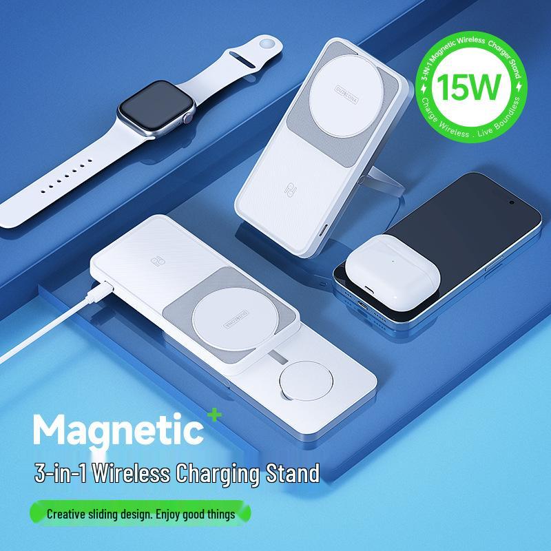 Magnetic Foldable 3-in-1 Wireless Charger for Apple, MagSafe-Compatible, 15W Fast Charging