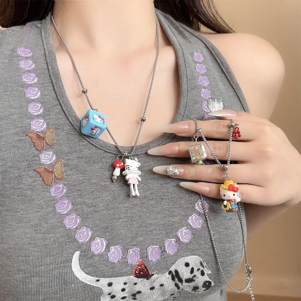 Cute Cartoon Kitty Dice Pendant Necklace for Women, Summer Unique Versatile Clavicle Chain