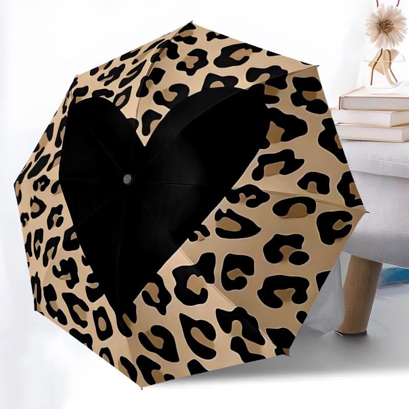 1pc Leopard Heart Automatic Open/close Umbrella, 8-Rib sturdy structure, Auto Folding/Opening, Portable Travel Umbrella for Women, Parties011
