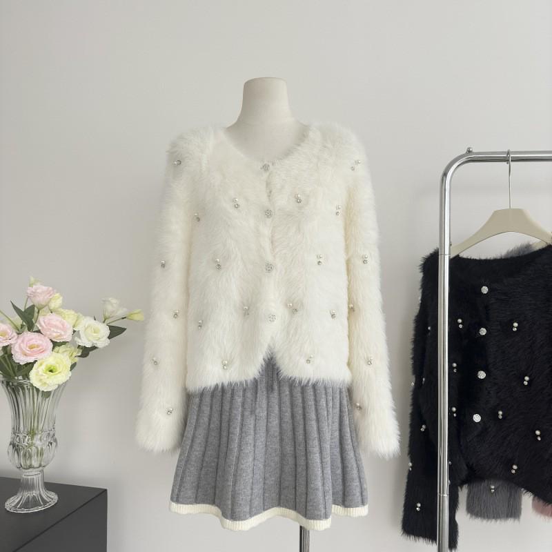 Women's Beaded Faux Mink Fur Coat - Korean Style Knit Cardigan, Spring/Autumn Long Hair Outerwear.