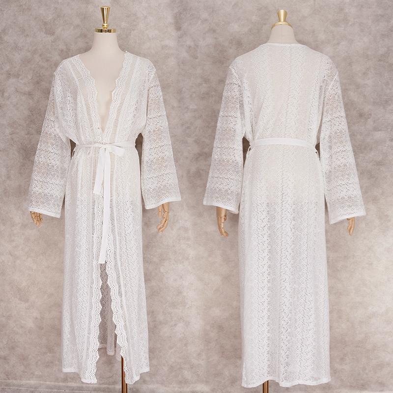 Weißes sexy Spitzenkleid vorne offen Sommer-Strandkleid in Übergröße mit selbstgegurtetem hohem Bund, Tunika für Damen, Strandkleidung, langes Kleid Q1301