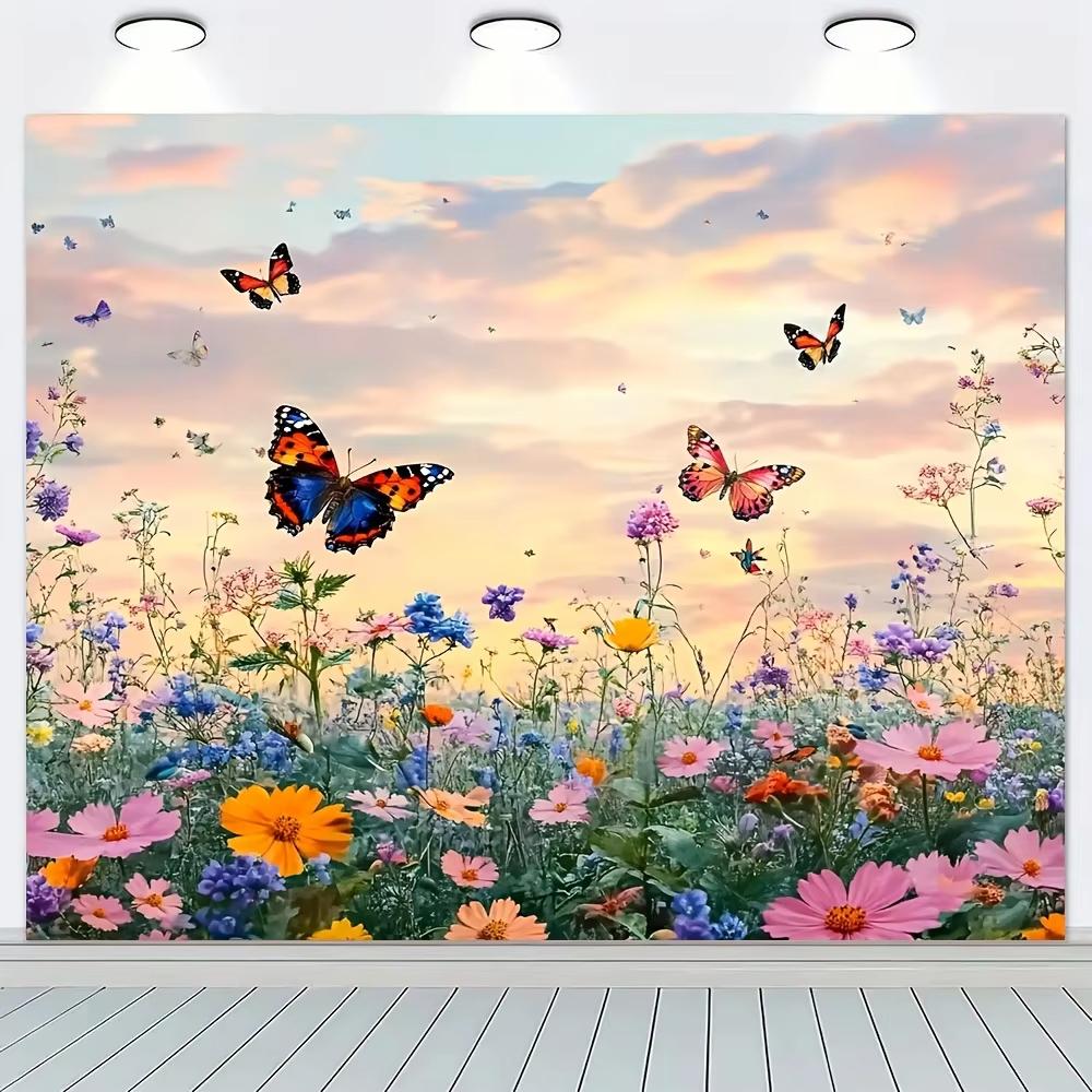 VIKAMA Rosa Kosmos Lila Blumenmeer Schmetterling Wandteppich Kleine Blumen Wohnzimmer Akzentwand Dekorative Hängende Leinwand